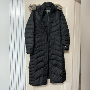 Eddie Bauer Long Black Puffer Coat with Faux Fur Trim